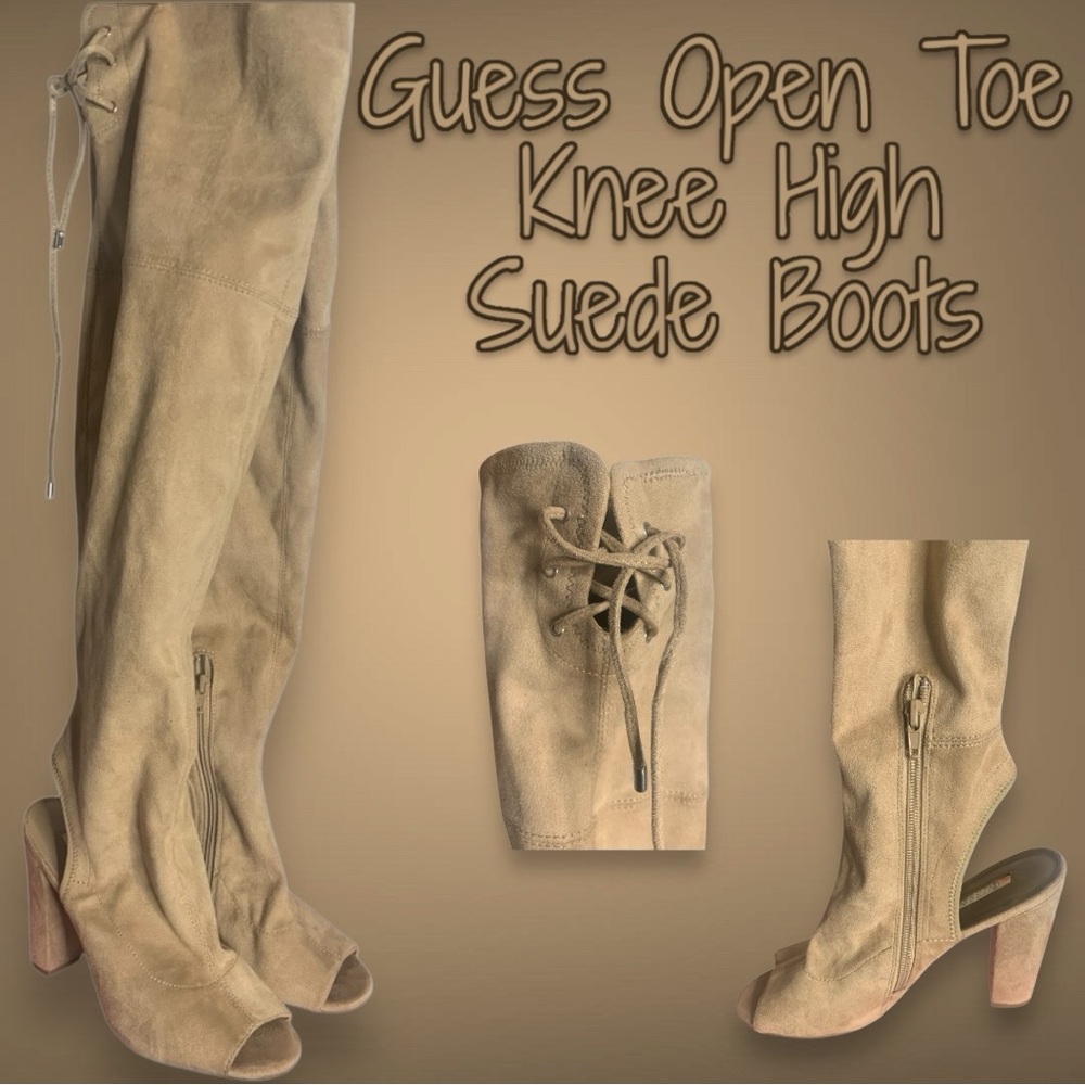 Guess Open Toe Knee High Suede Boots